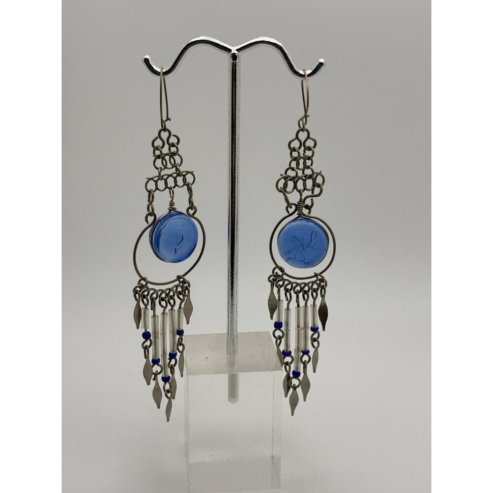 Artisan Southwestern Wire Wrapped 4” Dangle Silver Tone Blue Stone Earrings